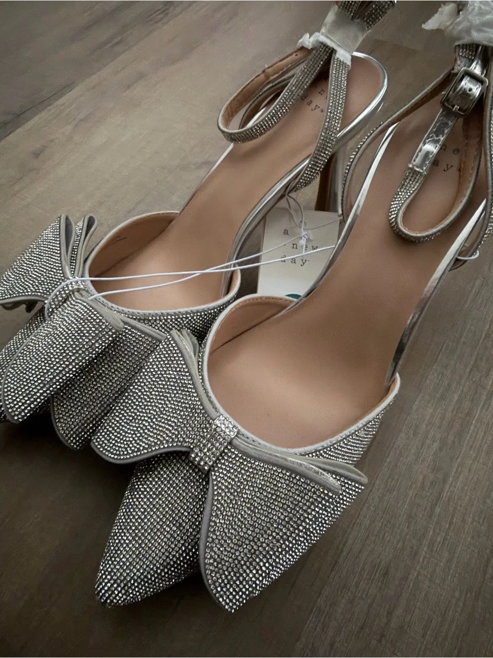 a new day Silver Rhinestone Bow Pointed Ankle-Strap Heels